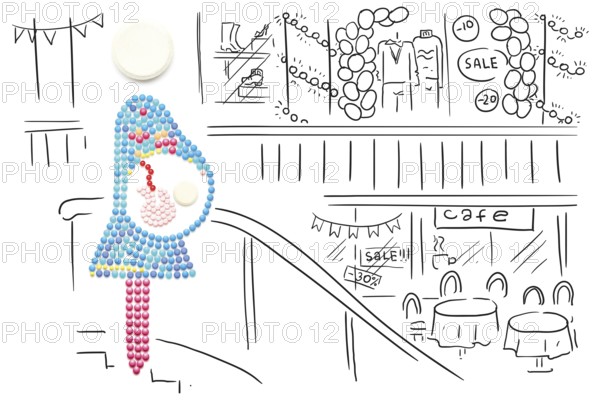 Creative medicine and healthcare concept made of pills, pregnant mother with a baby on sketchy background