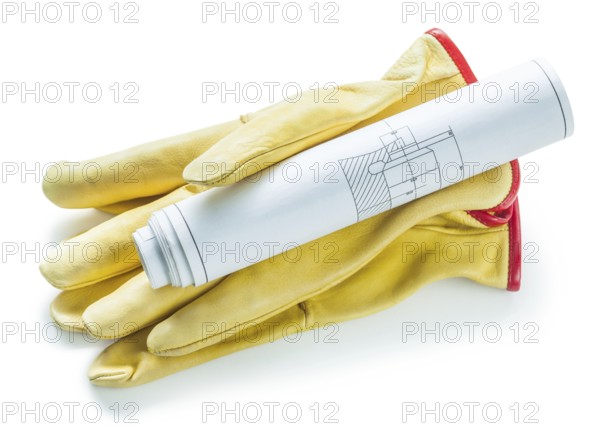 Working gloves and roll of blueprit isolaed on white