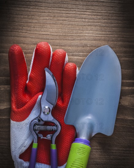 Protective glove steel gardening pruning shears and trowel agriculture concept