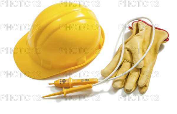 Construction helmet electric tester leather gloves isolated on white
