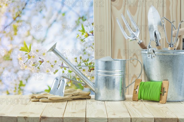 Garden articles on wooden table in garden