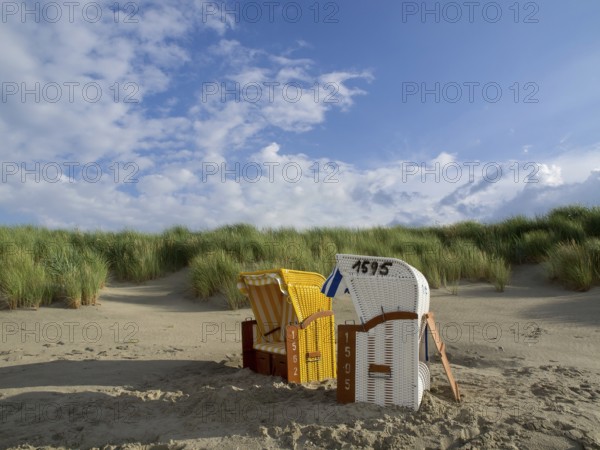 Two beach chairs, yellow and white, on a sunny sandy beach with grassy dunes and blue sky, juist, east frisia, germany