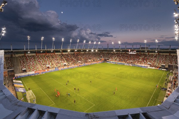LUBIN, POLAND - MAY 20, 2024: Football match Polish PKO Ekstraklasa between KGHM Zaglebie Lubin vs LKS Lodz. View from the roof on the pitch.