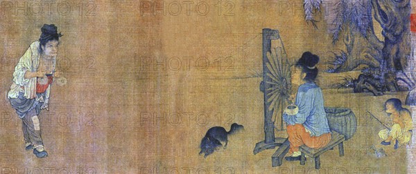 The Spinning Wheel, by Wang Juzheng (early 11th century), Northern Song era, a scene with two women, a child and a barking dog
