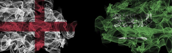 Flags of England and Saudi Arabia on Black background, England vs Saudi Arabia Smoke Flags