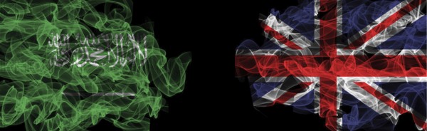 Flags of Saudi Arabia and United Kingdom on Black background, Saudi Arabia vs United Kingdom Smoke Flags