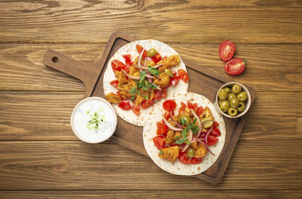 Cooking Traditional Greek Dish Gyros: Pita bread with vegetables, meat, herbs, olives on rustic wooden cutting board with Tzatziki sauce, olive oil top view, wooden light brown background, food photography, food photography