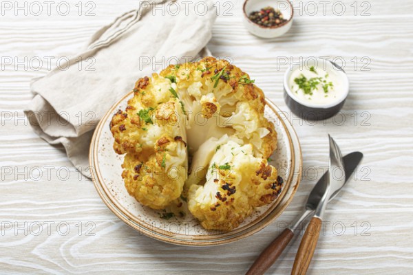 Whole roasted head of cauliflower with olive oil on plate on white wooden rustic table top view with cutlery. Vegetarian dish, food photography, food photography