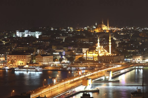 Istanbul and Galata Bridge at night seen from Galata Tower