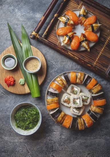 Food, Food, Sushi and rolls sets. Japonese food. top view