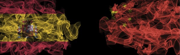 Flags of Spain and China on Black background, Spain vs China Smoke Flags
