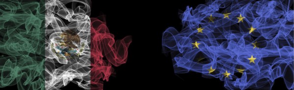 Flags of Mexico and EU on Black background, Mexico vs Europe Union Smoke Flags