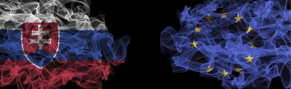 Flags of Slovakia and EU on Black background, Slovakia vs Europe Union Smoke Flags