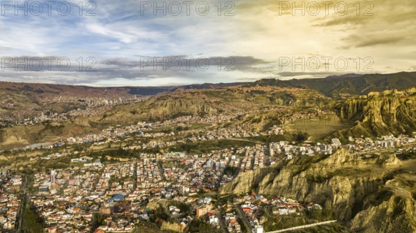 La Paz, Bolivia, aerial view flying over the dense, urban cityscape. San Miguel, southern distric. South America, South America
