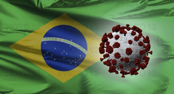 A Brazilian flag with a Covid-19 virus. South Brazilian variant