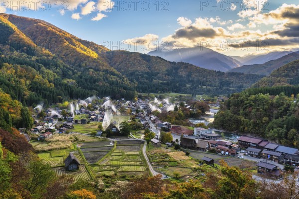 Shirakawago village Gifu Japan, Historical Japanese traditional Gassho house at Shirakawa village in autumn foliage season