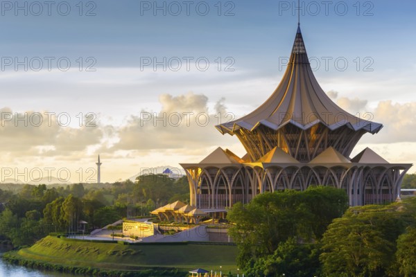 View of the Esplanade on the riverside in Kuching, Malaysia, Borneo during sunset, Asia