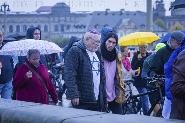 Commemoration of the 1st anniversary of the attack on Israel. The rally was followed by a candlelight march from Neumarkt to the Jewish Community, during which the names of those murdered and abducted in the massacre of 7 October 2023 were read out., Memorial march, Dresden, Saxony, Germany, Europe