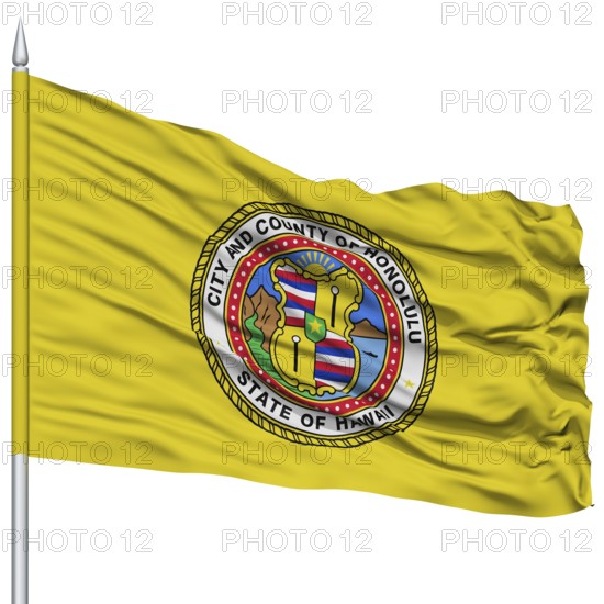 Honolulu Flag on Flagpole, Capital of Hawaii State, Flying in the Wind, Isolated on White Background
