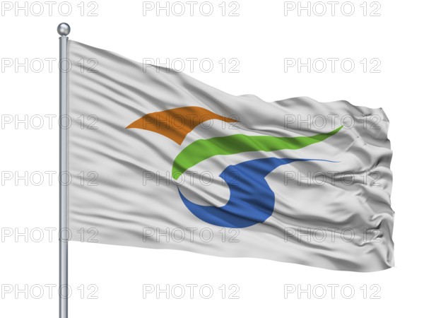 Yokote City Flag On Flagpole, Country Japan, Akita Prefecture, Isolated On White Background