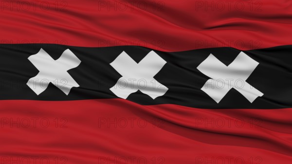 Closeup Amsterdam City Flag, Capital City of Netherlands, Waving in the Wind