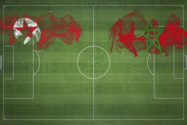 North Korea vs Morocco Soccer Match, national colors, national flags, soccer field, football game, Competition concept, Copy space
