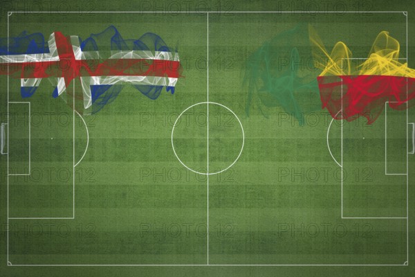 Iceland vs Benin Soccer Match, national colors, national flags, soccer field, football game, Competition concept, Copy space
