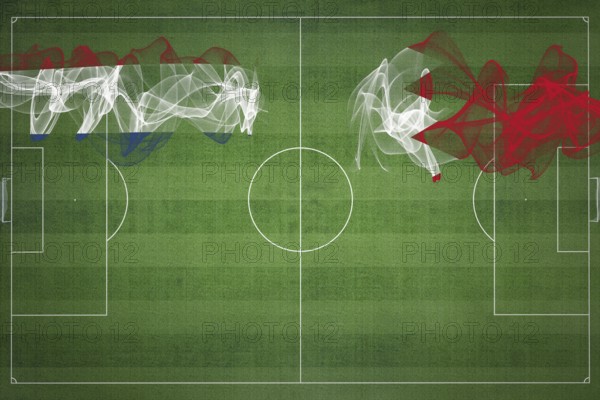Netherlands vs Bahrain Soccer Match, national colors, national flags, soccer field, football game, Competition concept, Copy space