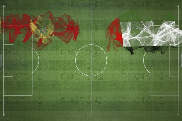 Montenegro vs United Arab Emirates Soccer Match, national colors, national flags, soccer field, football game, Competition concept, Copy space