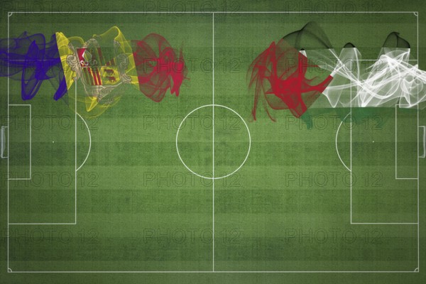 Andorra vs Palestine Soccer Match, national colors, national flags, soccer field, football game, Competition concept, Copy space