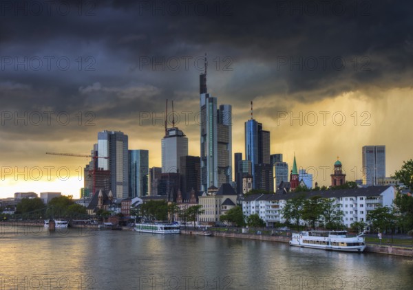 Thunderstorm over the skyline of Frankfurt, Hesse, Germany, Europe