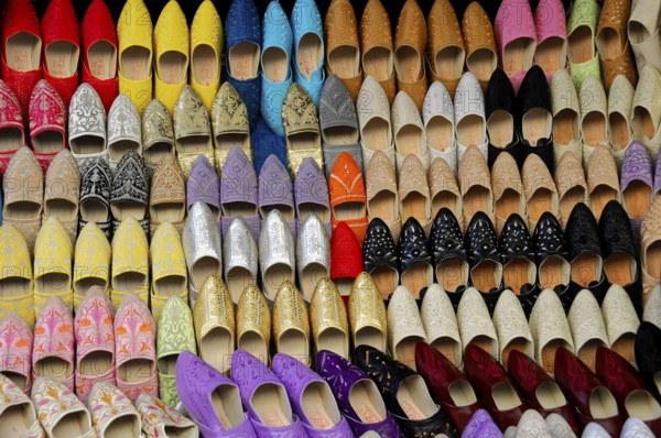 Meknes, Morocco, Africa, Colourful shoes in a variety of colours and patterns on display, On the way to Fes, Africa