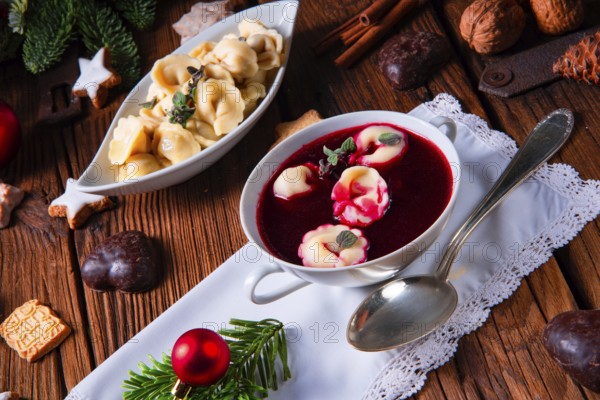 Traditional Polish Christmas Eve borscht with dumplings