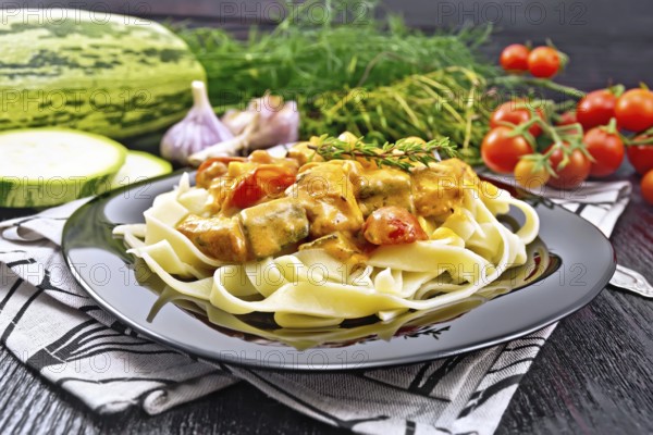 Tagliatelle pasta with meat goulash, tomato, zucchini and thyme in a plate on napkin, garlic, spicy herb on wooden board background
