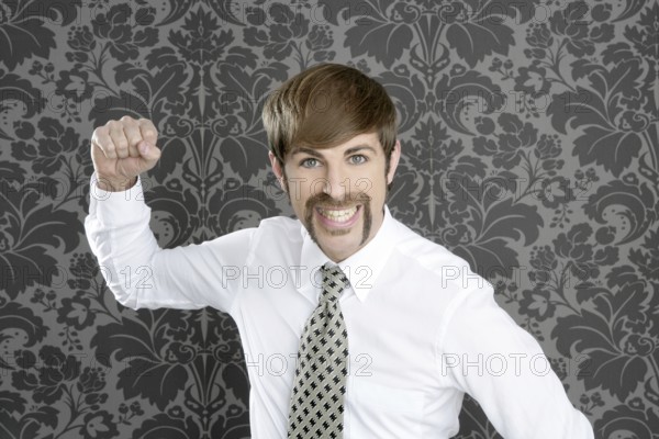 Aggressive funny retro mustache businessman on vintage wallpaper