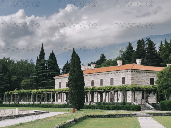 Villa Milocer with a pergola covered with green ivy and a luxurious garden.