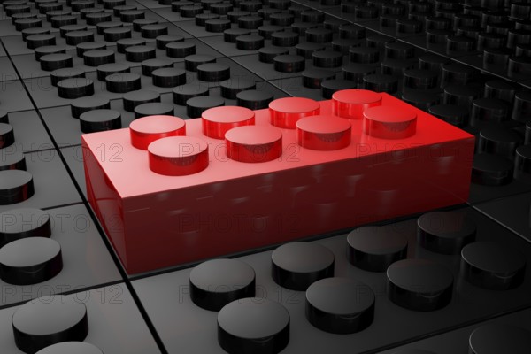 3D rendering red toy bricks standing out from crowd of black toy bricks . Leadership, independence, initiative, strategy, dissent, think different, uniqueness, business success concept