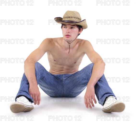 Yound man lower his head, isolated on white