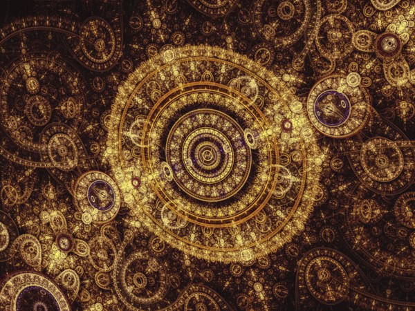 Golden fractal clock - modern pattern. Sacred geometry abstract background. Computer-generated image for web design, cards, covers
