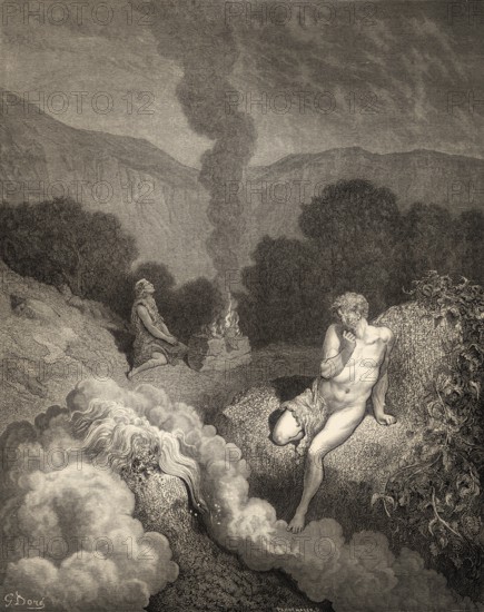 Cain and Abel offer their sacrifices, Old Testament, woodcut by Gustave Doré