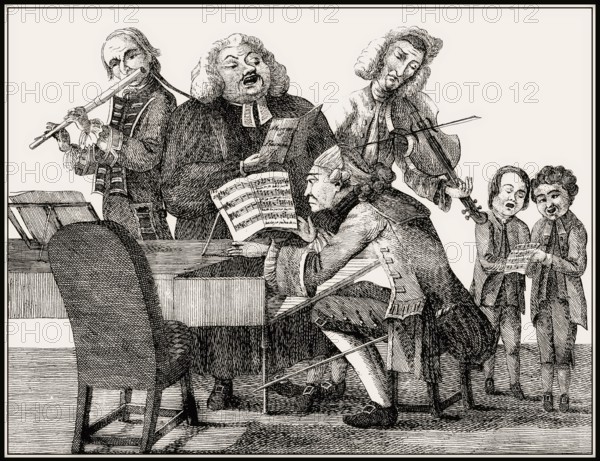 Musical group with Händel, Bach, Tartini, Gluck, Quanz, Jomelli, Caricature from the 18th century