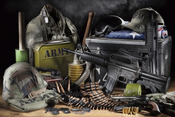 Still life with weapon, army clothing and different equipment
