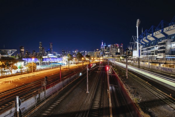 Dusk view of Melbourne's famous skyline and Melbourne Cricket Ground stadium in Melbourne, Victoria, Australia, Oceania