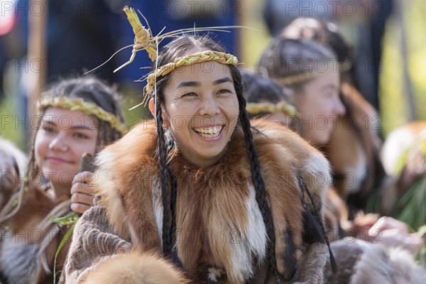 Portrait expression young woman in clothing indigenous people of Kamchatka Peninsula. Alhalalalay, Itelmens national ritual festival of thanksgiving nature. Kamchatka, Russian Far East, Sep 14, 2019