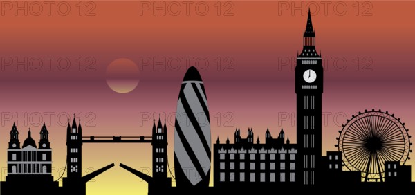 Illustration drawing of the London city skyline England with the wheel and the tower bridge by night during sunset