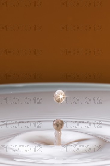 A sparkling drop hits the surface of the milk and creates gentle waves, water droplets, collision, high-speed photography, concept