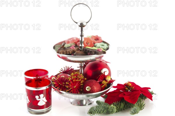 Christmas still life with silver tray chocolate and ornaments