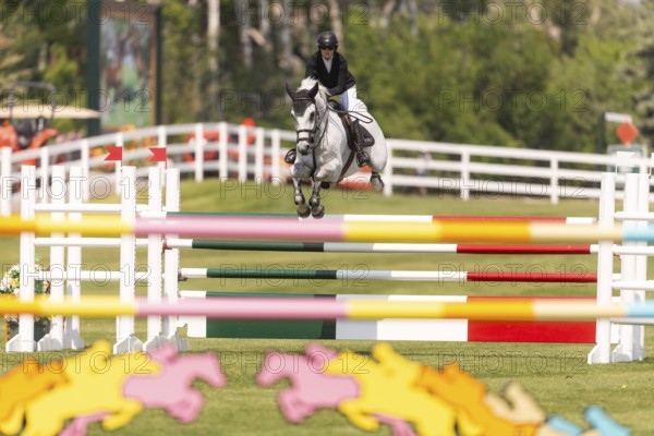 Carly Campbell-Cooper of Canada and riding Baretino, compete in the 1.60m Grand Prix during The Continental international competition at Spruce Meadows, in Calgary, Canada, North America