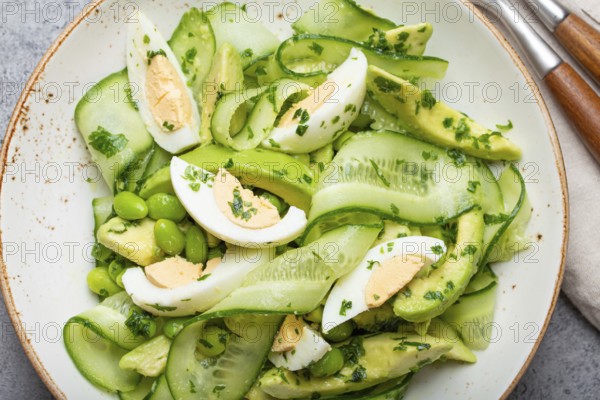 Healthy green avocado salad bowl with boiled eggs, sliced cucumbers, edamame beans, olive oil and herbs on ceramic plate top view on grey stone rustic table background, food photography, food photography