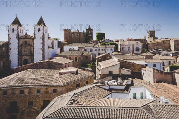 Townscape of the old town of Caceres, Extremadura, Spain, with rooftops and church, Europe
